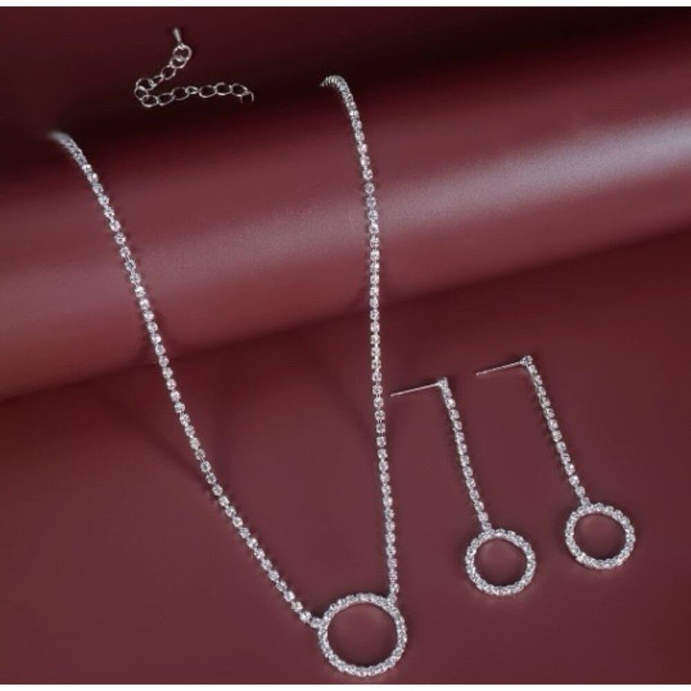 Radiant Rhinestone Circle Drop Necklace & Earring Set – Silver Tone